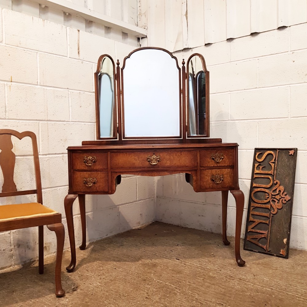 antique burr walnut bow front dressing table by denby spinks c1920