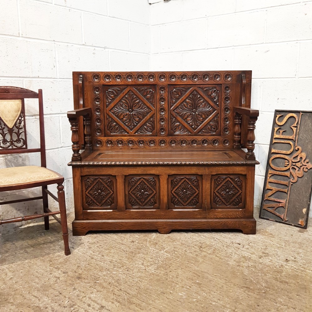 antique carved oak monks bench c1920