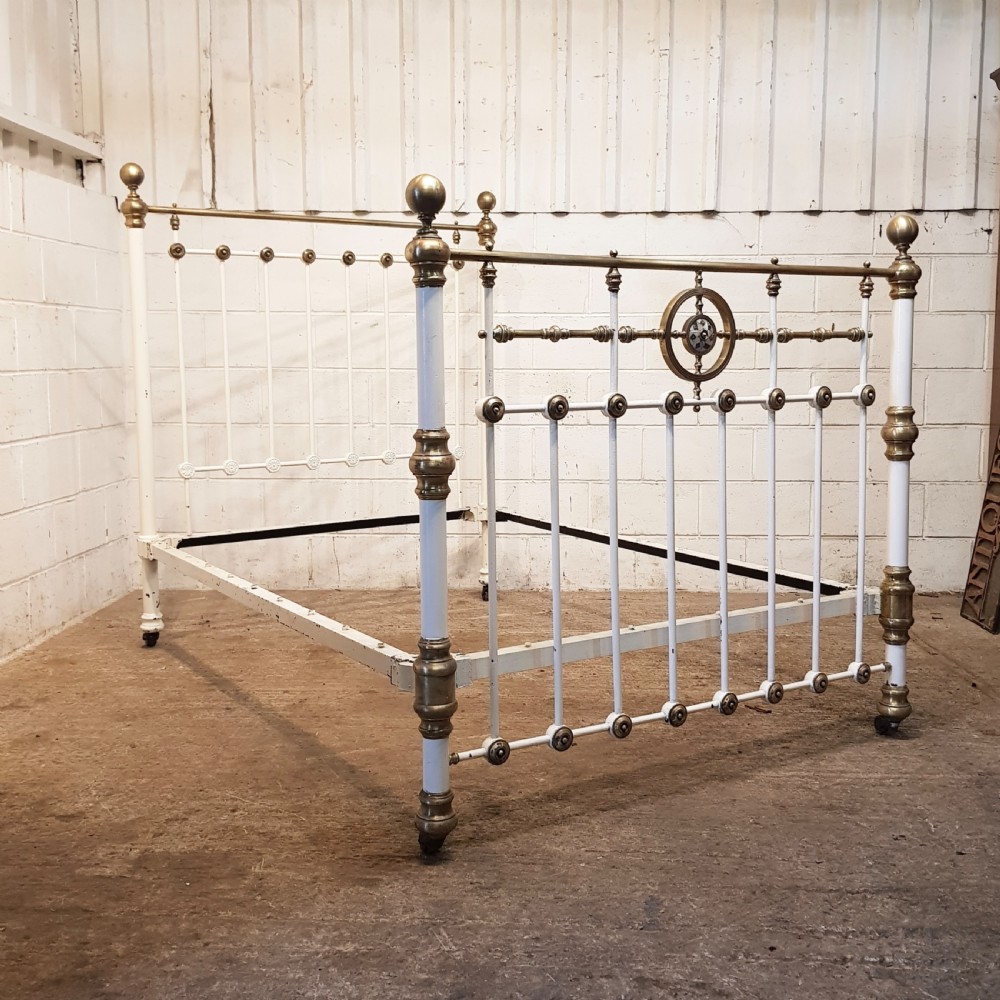 antique victorian painted brass double bed with mother of pearl c1880