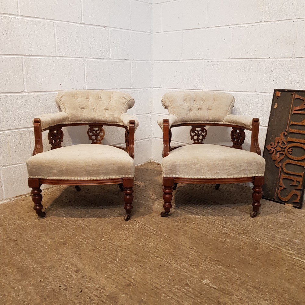 antique pair edwardian walnut tub salon chairs c1900