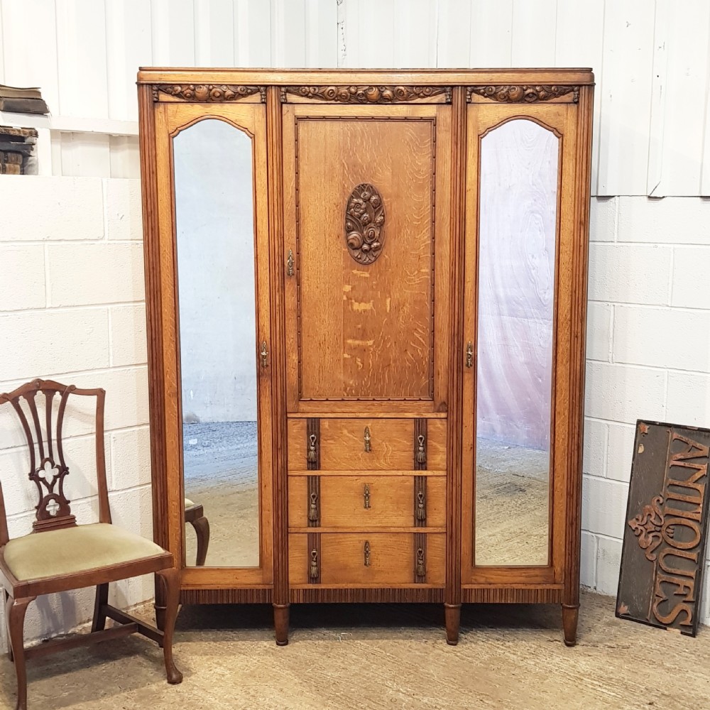 antique french carved oak triple wardrobe c1920