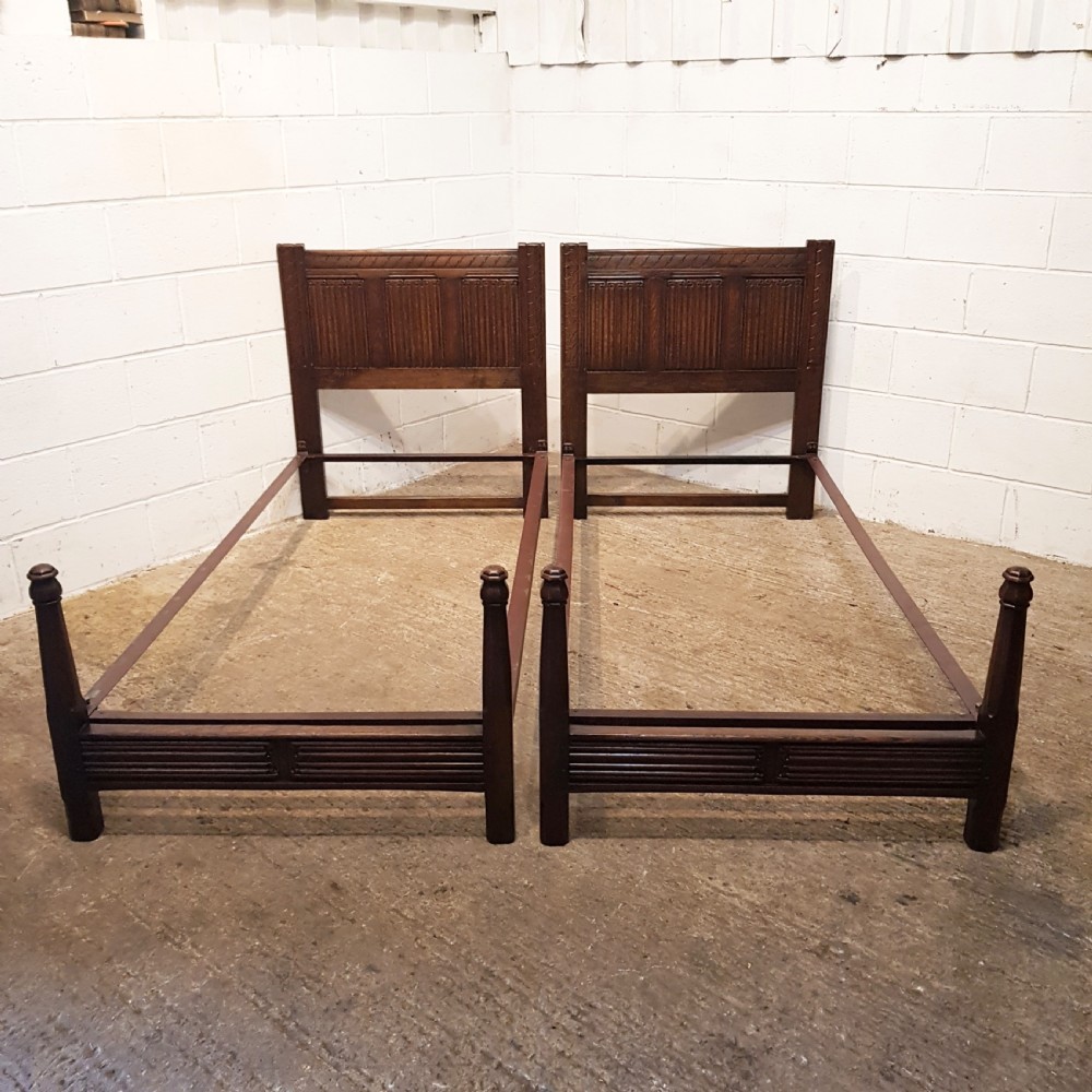 antique pair edwardian carved oak linenfold single beds c1900