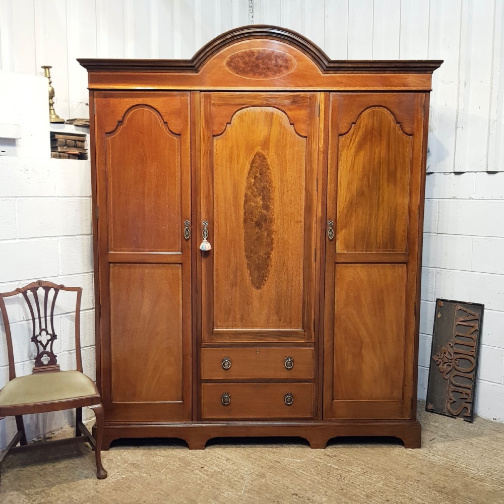 antique mahogany inlaid triple wardrobe c1900
