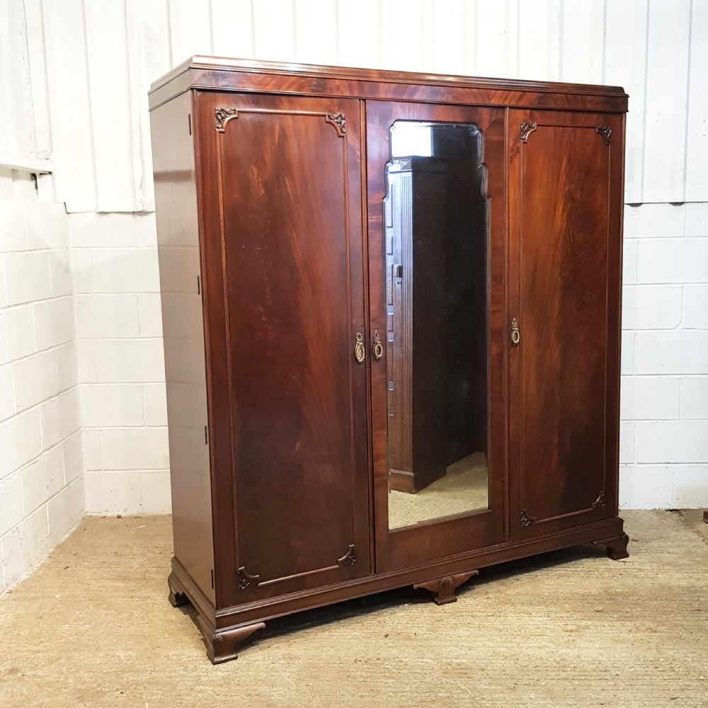 antique edwardian mahogany triple wardrobe with secret drawer c1900