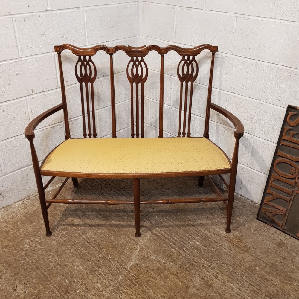 antique art nouveau inlaid mahogany two chair sofa c1890