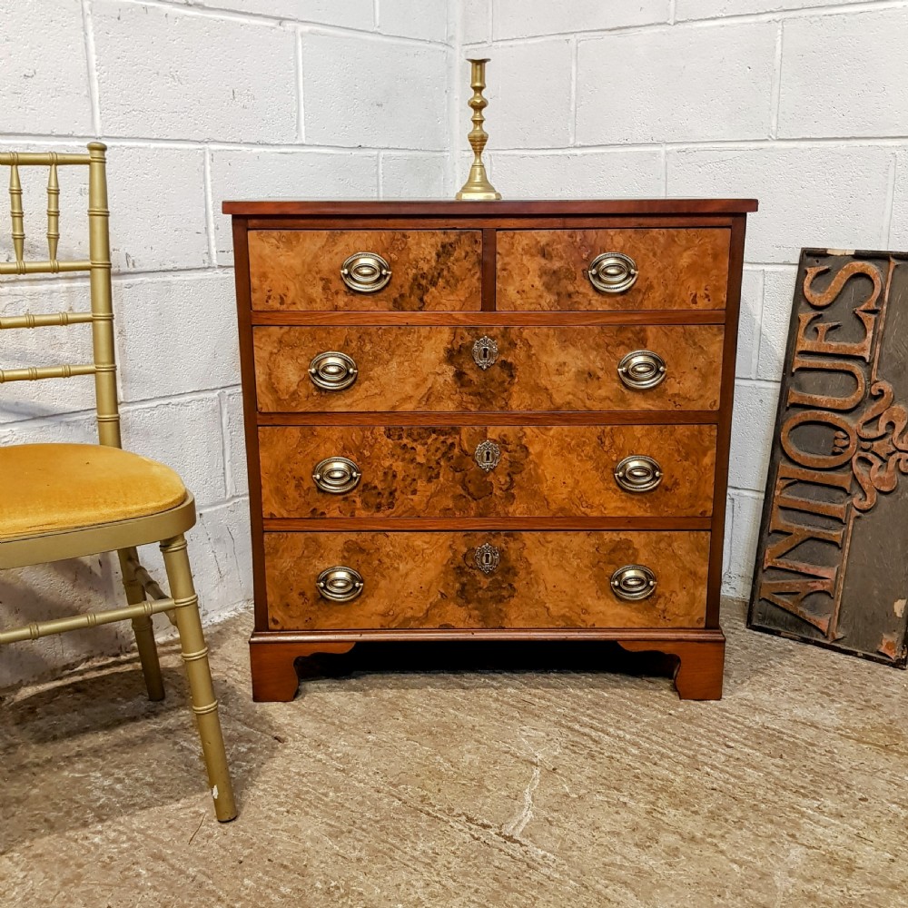 an antique dwarf walnut and burr walnut chest of drawers c1900