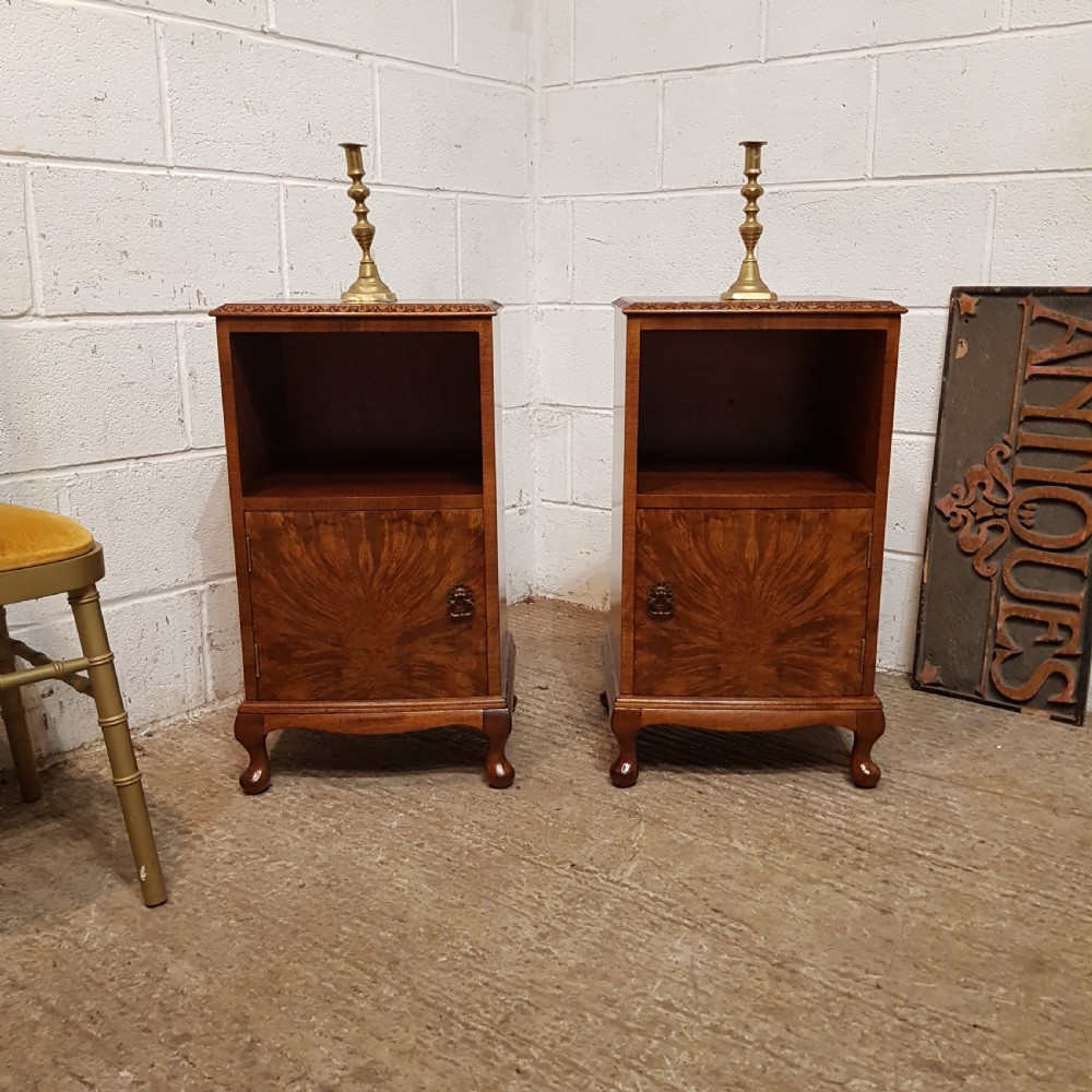 a pair of antique burr walnut bedside cabinets c1920