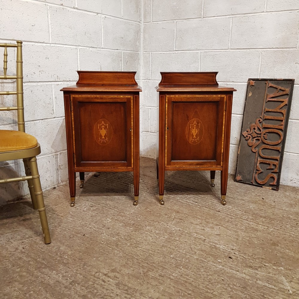 a pair of edwardian mahogany and satinwood bedside cabinets c1900