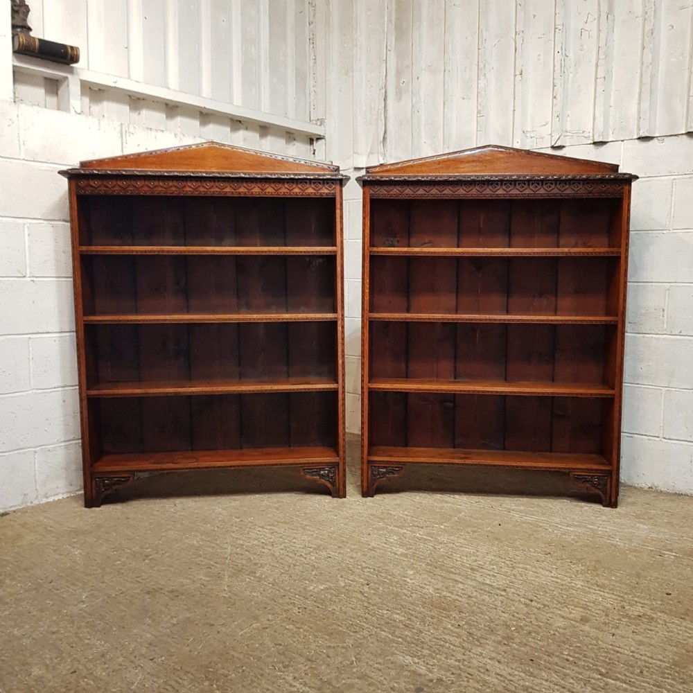 a pair of oak open victorian bookcases c1890