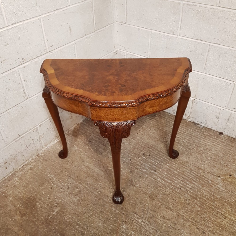 a serpentine shaped burr walnut hall console table c1920