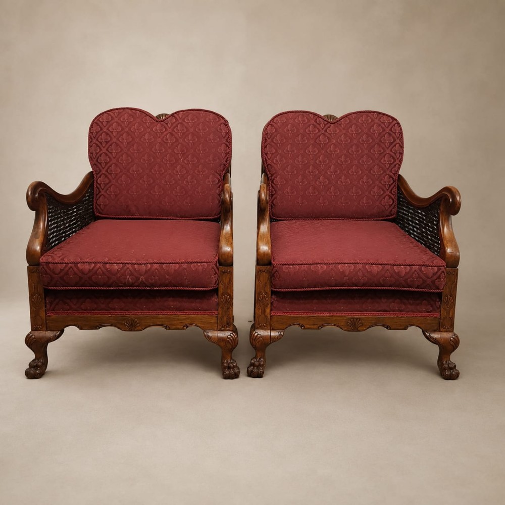 a pair of walnut framed split cane bergere easy chairs c1920
