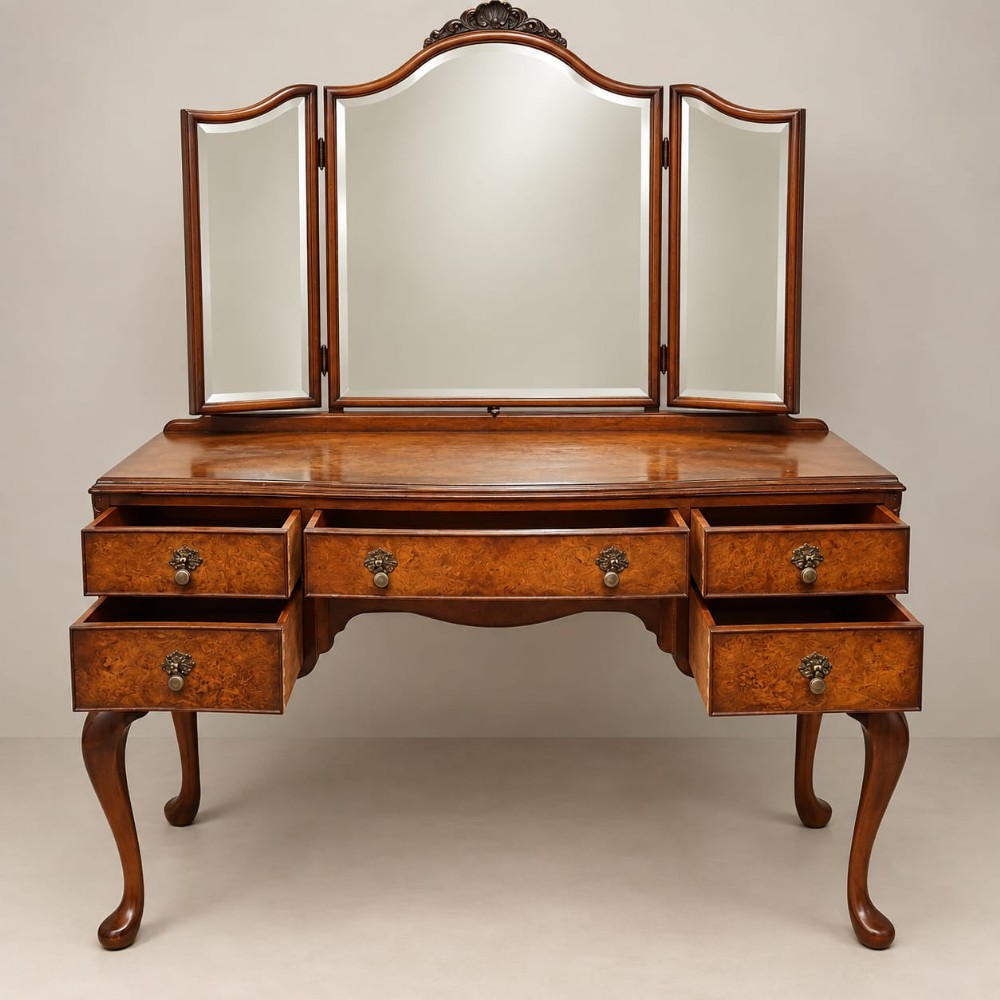 a burr walnut queen anne style serpentine fronted dressing table c1920
