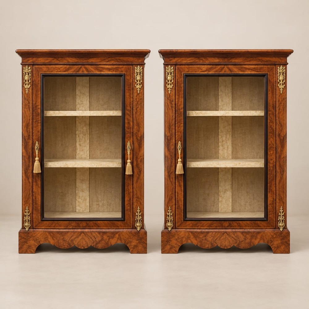 a pair of victorian burr walnut pier cabinets c1880